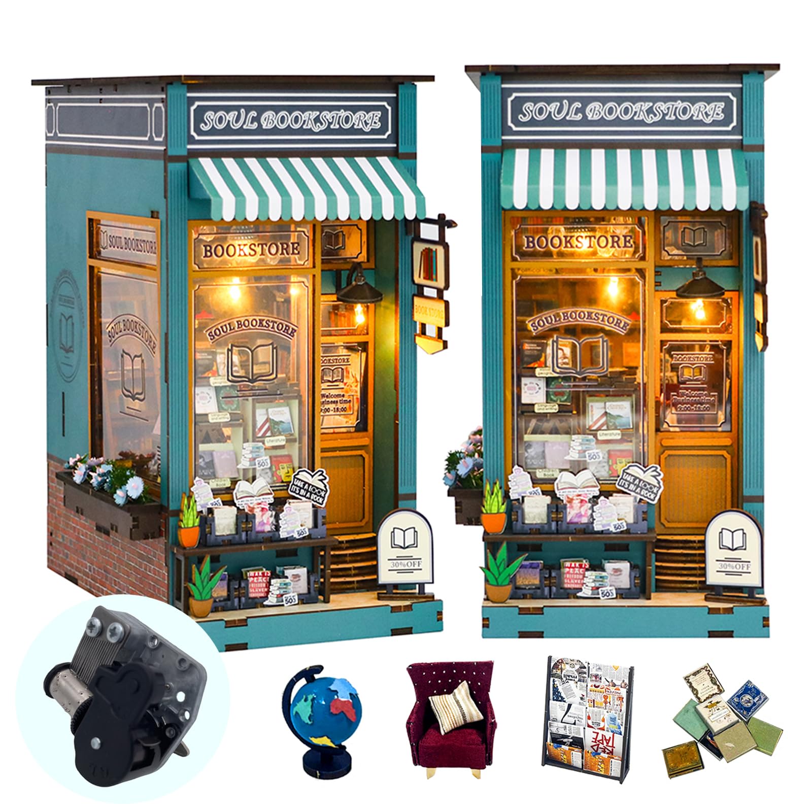 RICFURPET DIY Book Nook Kit with Music Box, Wooden 3D Puzzle Dollhouse with LED, Miniature House Kit Bookends for Adult and Teen, Bookshelf Decor, Creative Gift for Friends and Family. Soul Bookstore