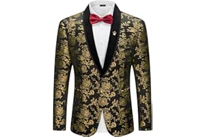 YND Men's Velvet Floral Blazer, One Button Tuxedo Jacket, Shawl Lapel Suit Coat for Dinner Prom Party Wedding