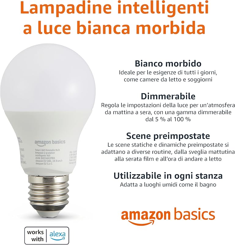 Lampadina LED intelligente, dimmerabile, attacco E27, bianco caldo, 8W (60W Equivalent), compatibile solo con Alexa, 2 confezione