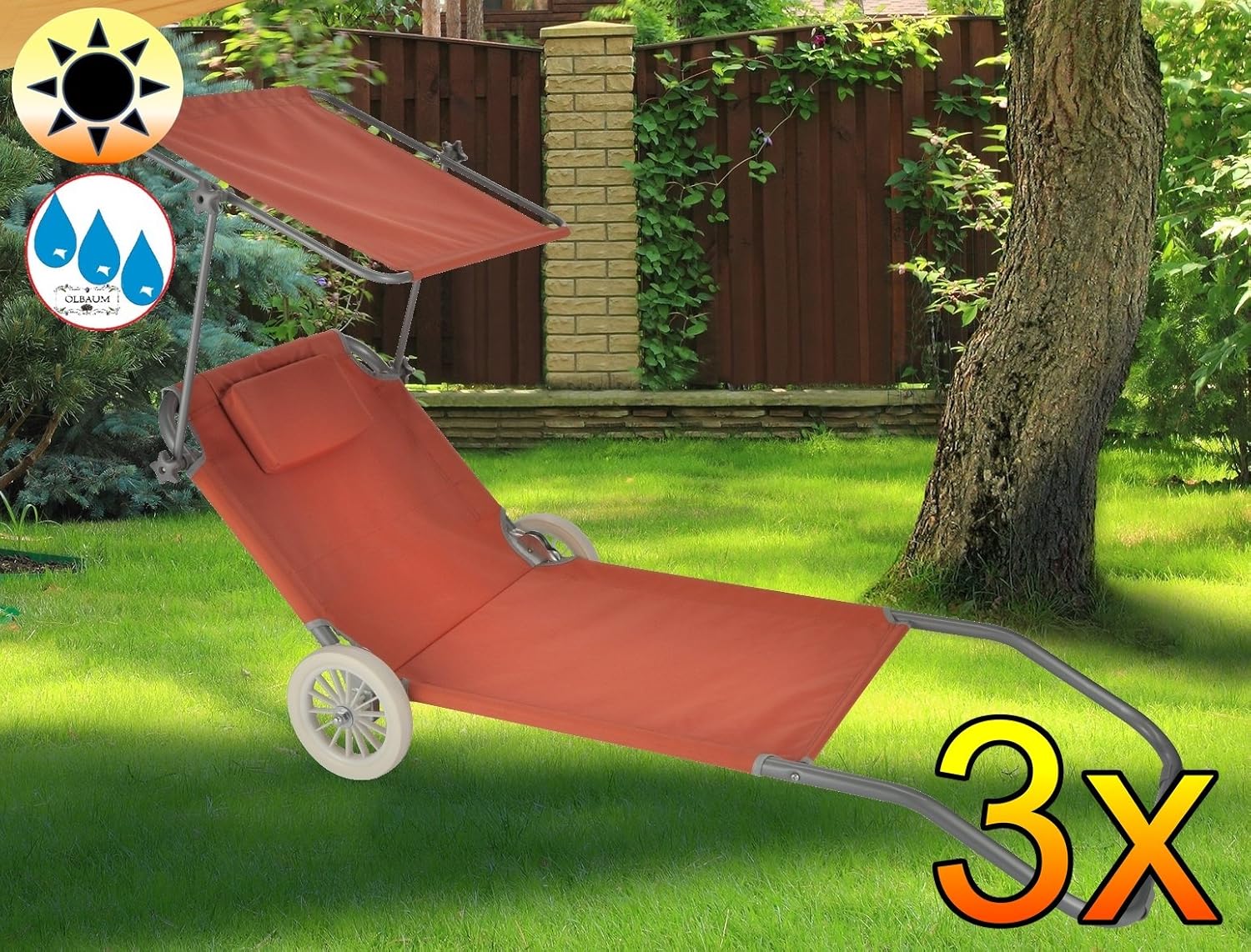 3x Liege, Sonnenliege mit 3 Rollen, terracotta, Strandliege mit Rädern