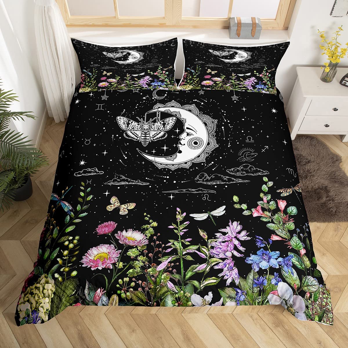 Homewish Boho Sun And Moon Moth Bedding Set Galaxy Black White Comforter Cover Gothic Sugar Skull Moth Duvet Cover Universe Star Zodiac Bed Set Butterfly Dragonfly Tribal Man Ala Room Decor Single — image 1