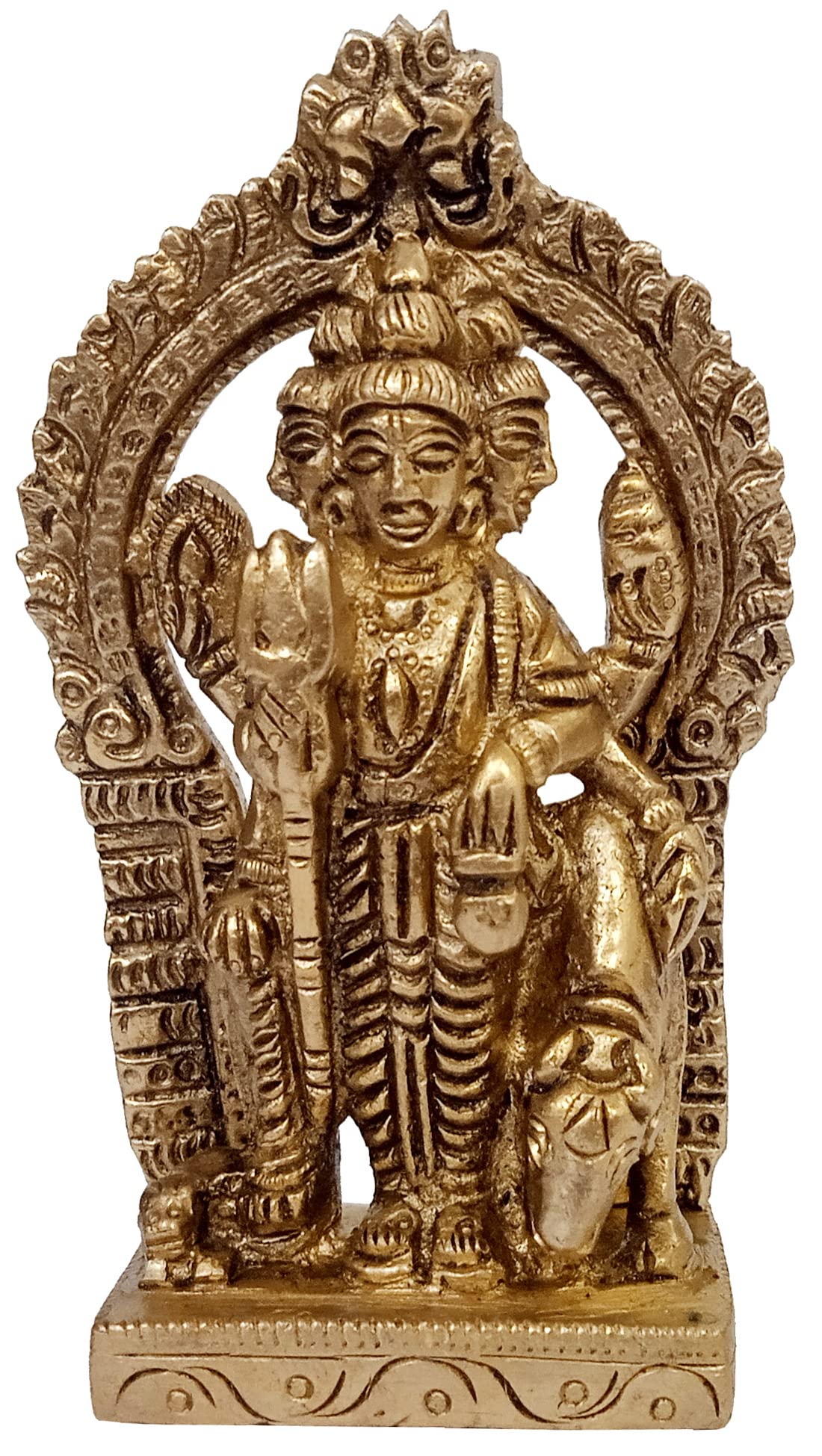 Purpledip Brass Idol Dattatreya with Auspicious Cow: Brahma Vishnu Mahesh Shiva Tridev Trimurti Statue (11914A)