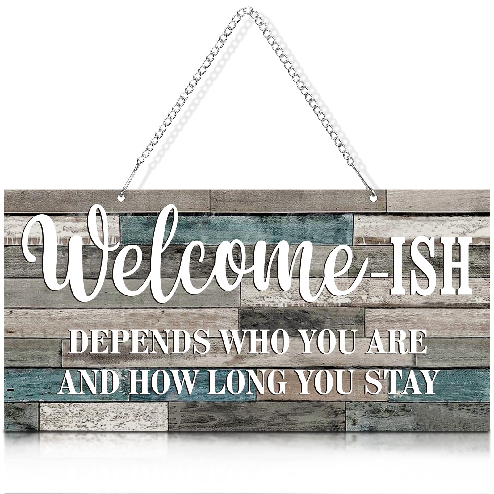 Hotop Funny Christmas Welcome Front Door Sign Welcome-ish Hanging Sign 12 x 6 Inch, Rustic Wall Farmhouse Door Decor for Home Porch Entryway Decor(White Words with Light Blue and Grey Base)