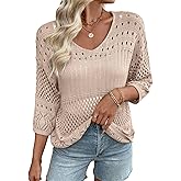EVALESS Womens Lightweight Sweaters Crochet Hollow Out Knit Tops 3/4 Sleeve Beach Vacation Clothes for Women Trendy 2026