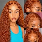 PREMAY 24 Inch 13x4 Ginger Orange Lace Front Wigs Human Hair Deep Wave 350 Colored Ginger Wig Human Hair Water Wave 180 Densi
