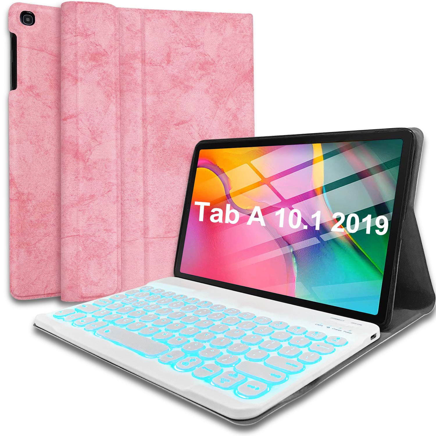Wineecy Galaxy Tab A 10.1 2019 Keyboard Case[Backlit,SM-T510,SM-T515,SM-T517], 7 Color Light Detachable Wireless Keyboard with PU Folio Stand Cover for Samsung Galaxy Tab A 10.1 inch 2019, Pink