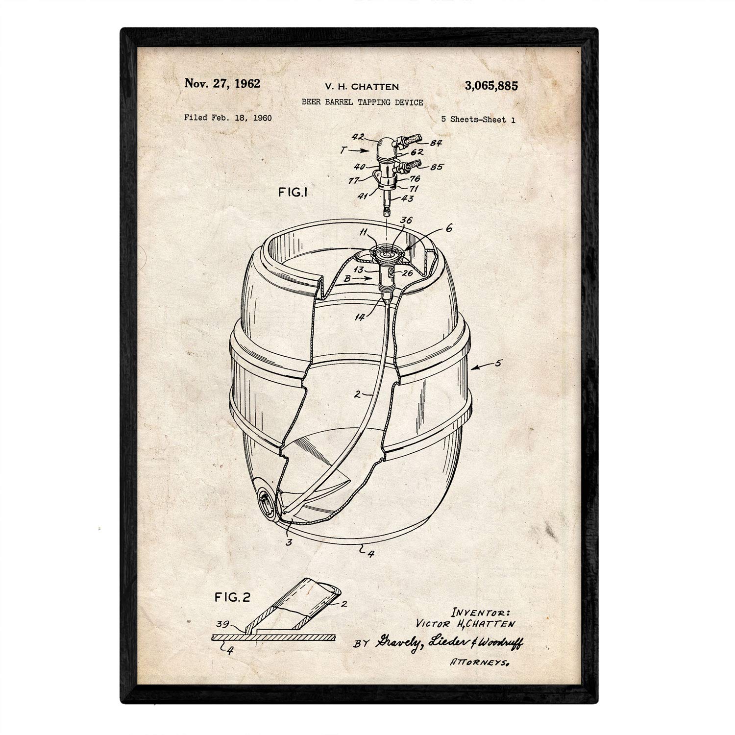 Nacnic Poster with Patent beer barrel. Sheet with old design patent in A3 size and vintage background — image 1