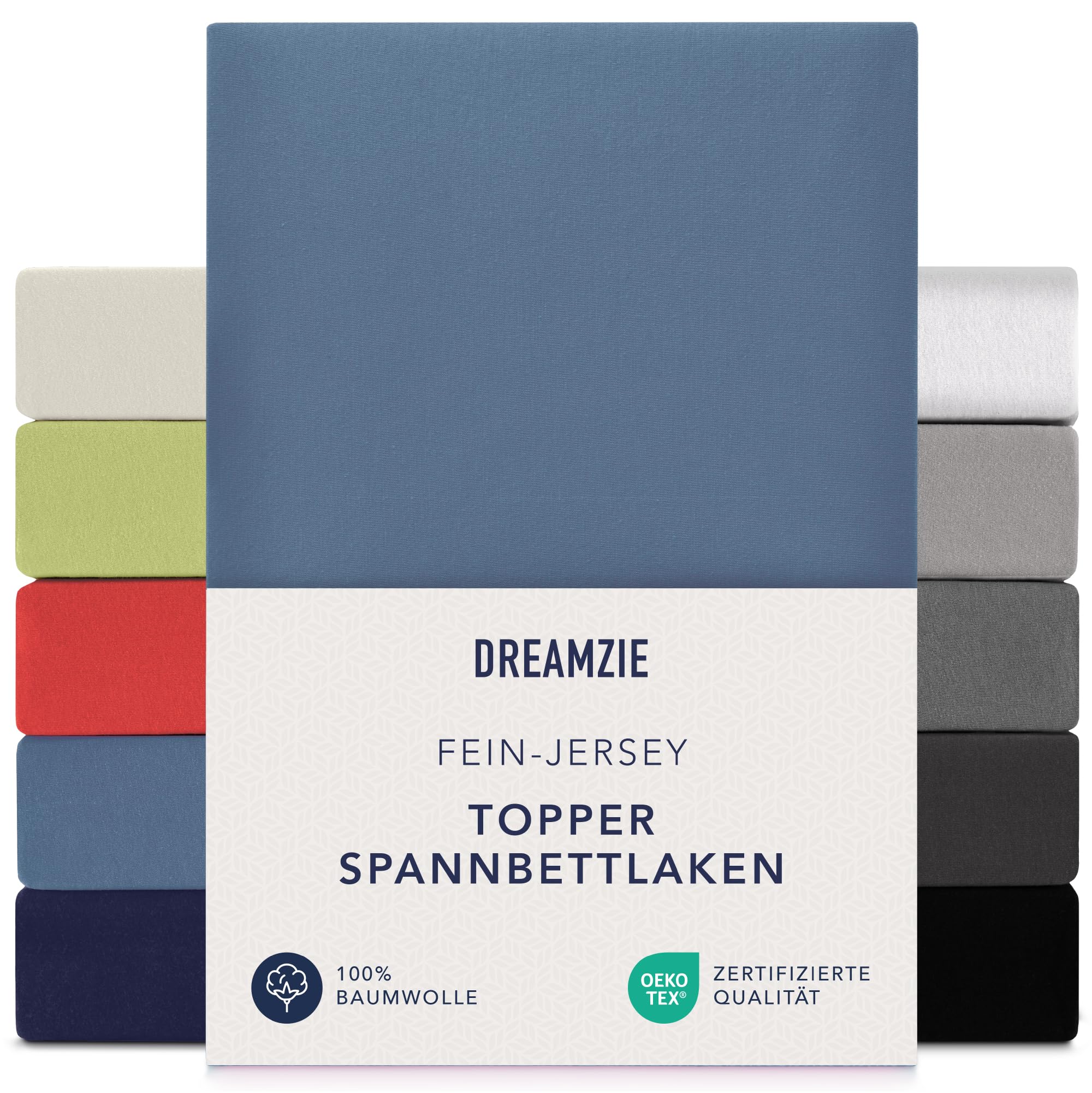 Dreamzie Premium Topper Fitted Sheet 180 x 200 cm - 200 x 200 cm - Extra Low Side Height - for Topper - Fitted Sheet Jersey Cotton, 150 g/m² - Oeko-Tex - Blue