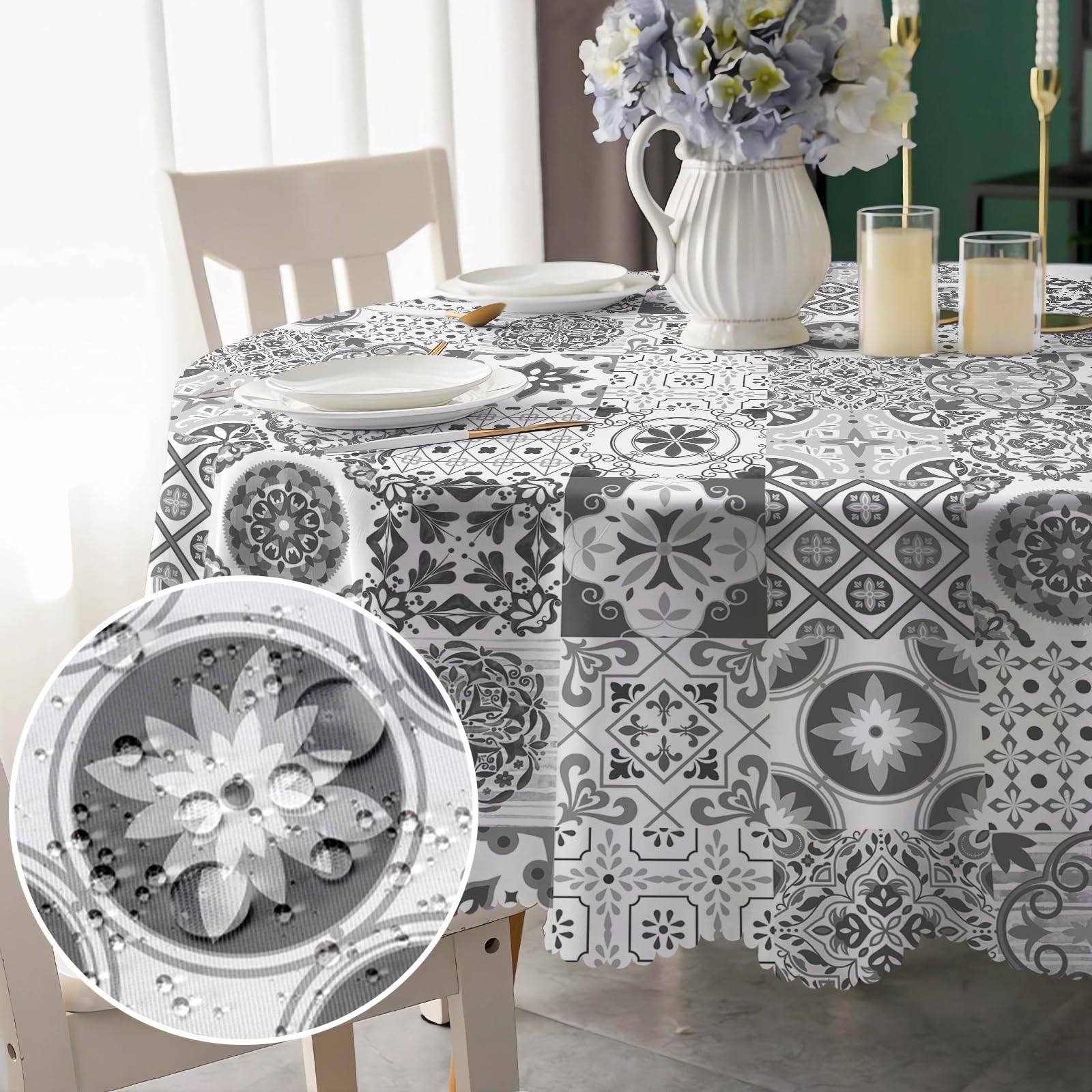 Round Tablecloth 150cm Wipeable Tablecloths, Boho Style Tablecloth Waterproof Wipeable Polyester Table Cloth Circular Table Cover for Kitchen, Dinner, Garden, Wedding, Home, Picnic Outdoor Party
