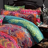 FADFAY Exotic Boho Duvet Cover Set King/California King 100% Brushed Cotton Soft Bohemian Bedding Red Teal Mandala Printed Bedding Reversible Striped Zipper Bed Comforter Cover + 2 Pillowshams