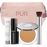 PÜR Minerals Multitasking Essentials Kit - Makeup Gift Set Includes 4-in-1 Correcting Primer, Fully Charged Mascara, 4-in-1 Pressed Mineral Powder & 1 Chisel Brush