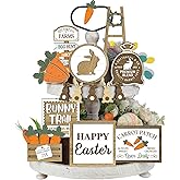 Thyle 15 Pcs Easter Tiered Tray Decor Set Wooden Bunny Ornament Rustic Carrot Decorations Farmhouse Bunny Sign for Easter Gifting Table Home Decor