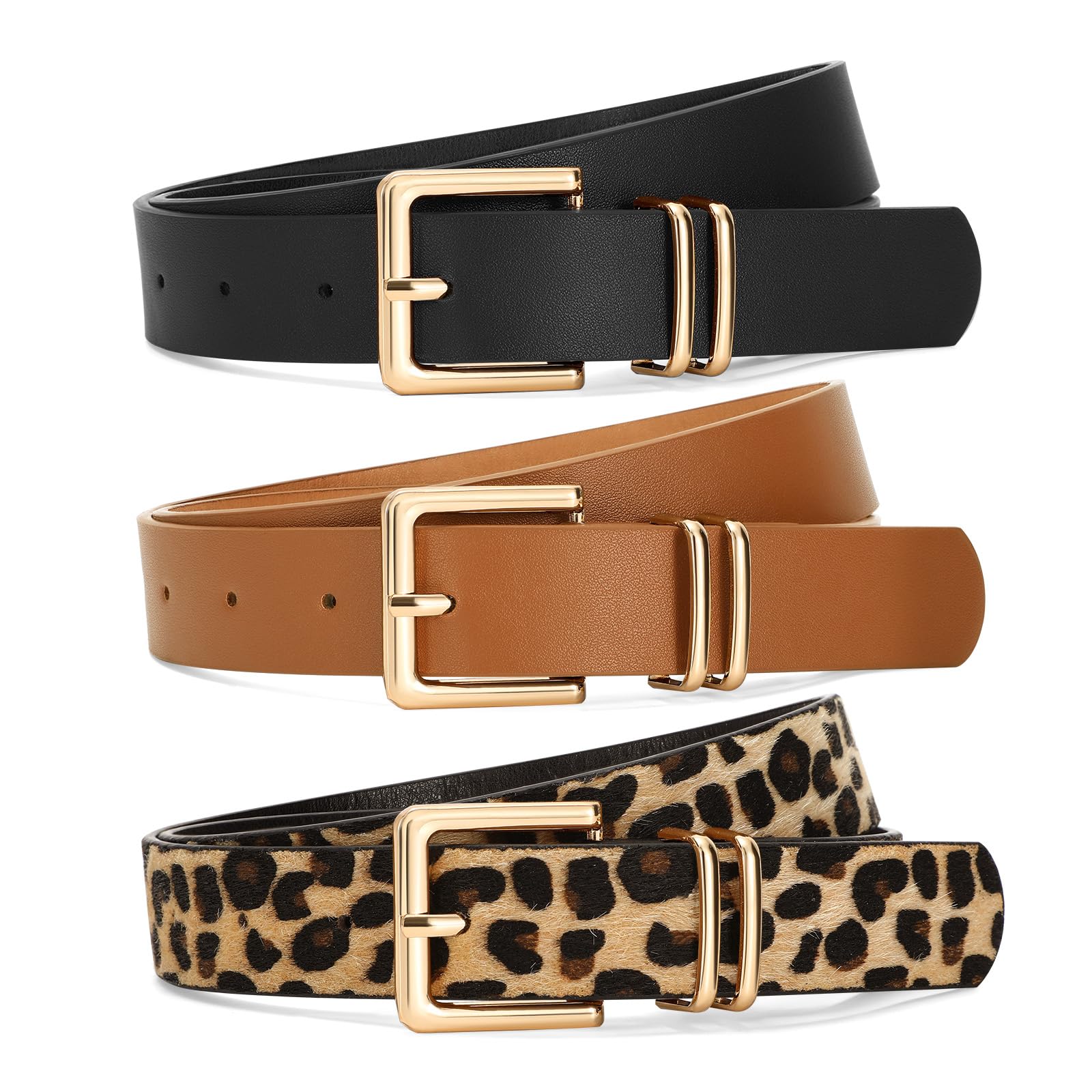 Photo 1 of (Prototype) SANSTHS 3 PACK Women Leather Belts for Jeans Pants Dresses Fashion Ladies Waist Belt with Gold Square Buckle,Black Brown Leopard,3XL