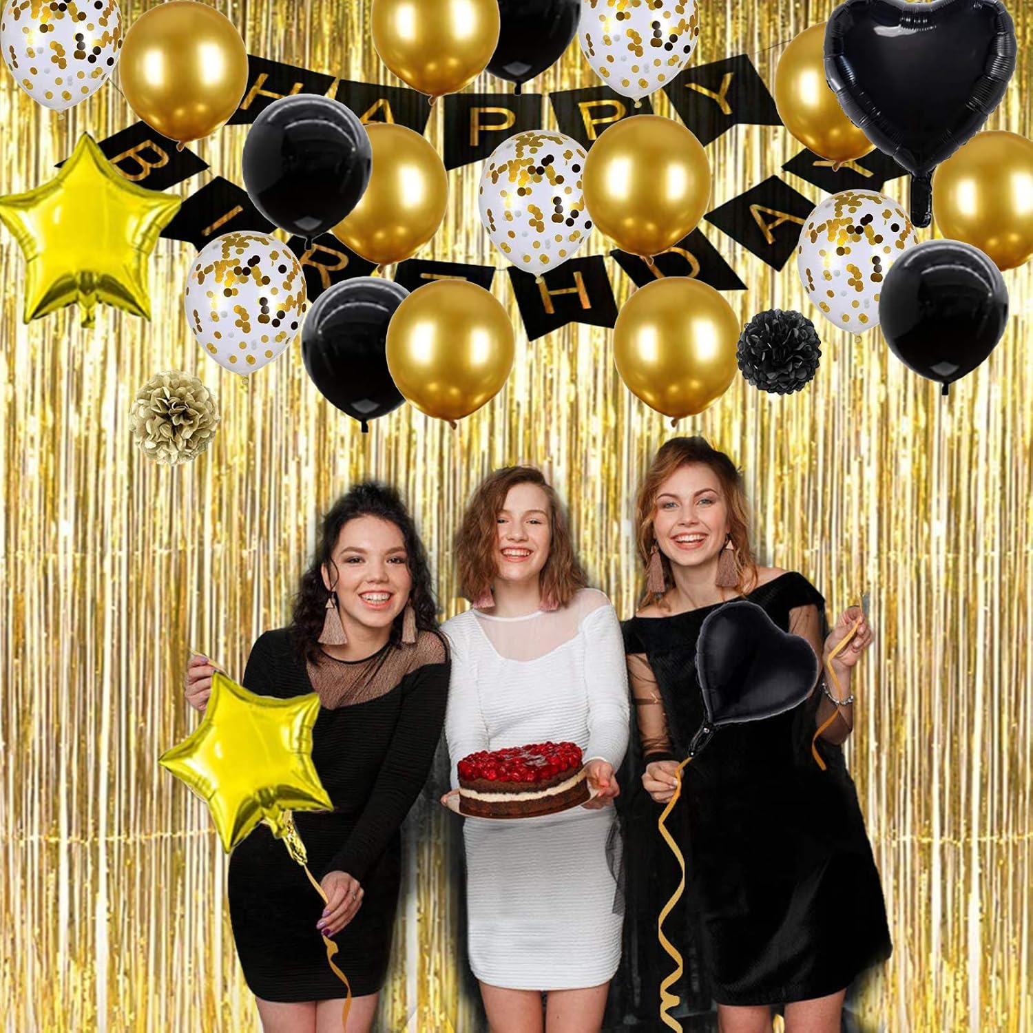 Black Gold Birthday Party Decoration Set-Black and Gold Party Decoration Including Happy Birthday Banner, Tassels, Balloons, Metallic Fringe Curtain, Flower Pompoms,Suit Perfect For Girls or Boys, Men or Women Birthday Party: Toys & Games