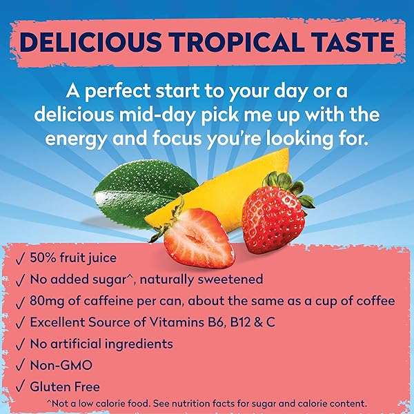 DOLE ENERGY DELIGHT FLAVORED FRUIT JUICE DRINK, MANGO STRAWBERRY, NO ADDED SUGAR, EXCELLENT SOURCE OF VITAMINS B6, B12 & C, FROM GREEN TEA & B VITAMINS, 80MG CAFFEINE, 8 FL OZ (PACK OF 4), 4 CANS
