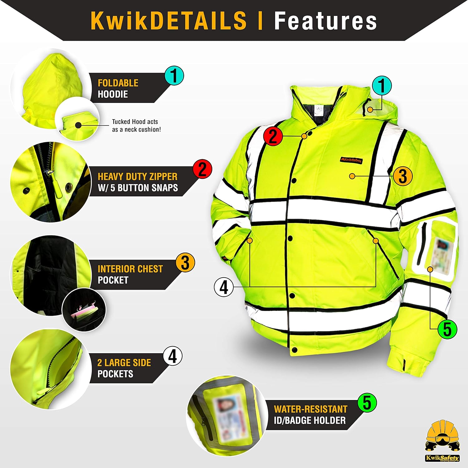 KwikSafety (Charlotte, NC) MARSHAL Bomber Safety Jacket (Multi-Use Rugged) Class 3 Hi Visibility Water Resistant ANSI OSHA Reflective Warm Lightweight Winter Construction Gear Men | Yellow Medium - - 