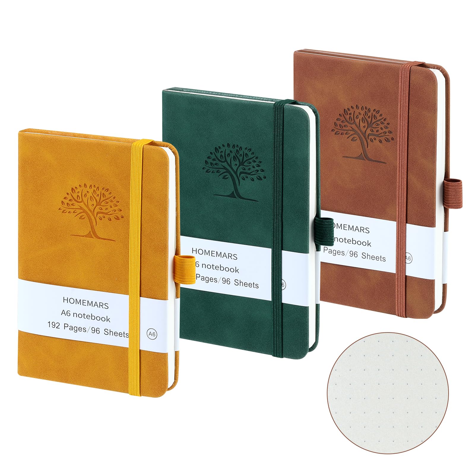 HOMEMARS Pocket Notebook, 3 Pack, Bullet Dotted Journal, Pocket Notepad,14.4 cm x 9.6cm, A6 Notebook, Small Notepad, Brown, Green, Yellow, 192 Pages Each, Hardcover, Embossing Tree Design, Dotted
