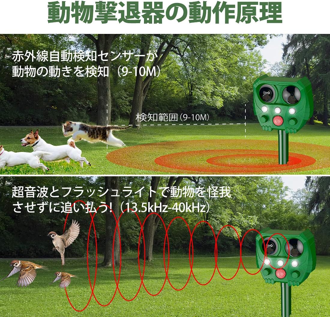 Amazon 動物撃退器 猫よけ Tondozen 超音波 ソーラー充電 猫撃退 猫退治 猫よけグッズ 糞被害 鳥害対策 ネズミよけ 猫除け 鳥除け 犬除け 害獣撃退 電池給電 Usb充電 日本語取扱説明書付き 害獣 害虫対策器