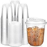 Baderke 100 Sets 12oz Disposable Crystal Clear Plastic Cups With Lids, Round Bottom Iced Coffee Cups With Lid for Smoothie, Cold Beverages, Drinking Tumblers, Cold Drinks for Party, Wedding, Event
