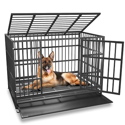 BOLDBONE 48 inch Heavy Duty Indestructible and Escape-Proof Dog Crate Cage Kennel for Large Dogs, High Anxiety Dog Crate with Removable Wire Trays and Wheels, Extra Large XL XXL, Black