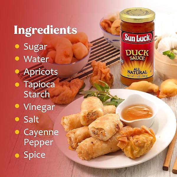 SUN LUCK ALL-NATURAL DUCK SAUCE 7 OZ BOTTLE – SWEET & TANGY CHINESE-STYLE DIPPING SAUCE FOR EGG ROLLS, WONTONS & APPETIZERS; GREAT GLAZE FOR CHICKEN & PORK.