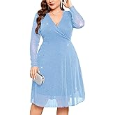 CYCLAMEN Plus Size Glitter Dress Sparkly Mesh Long Sleeve Wrap V Neck A Line for Homecoming Wedding Guest