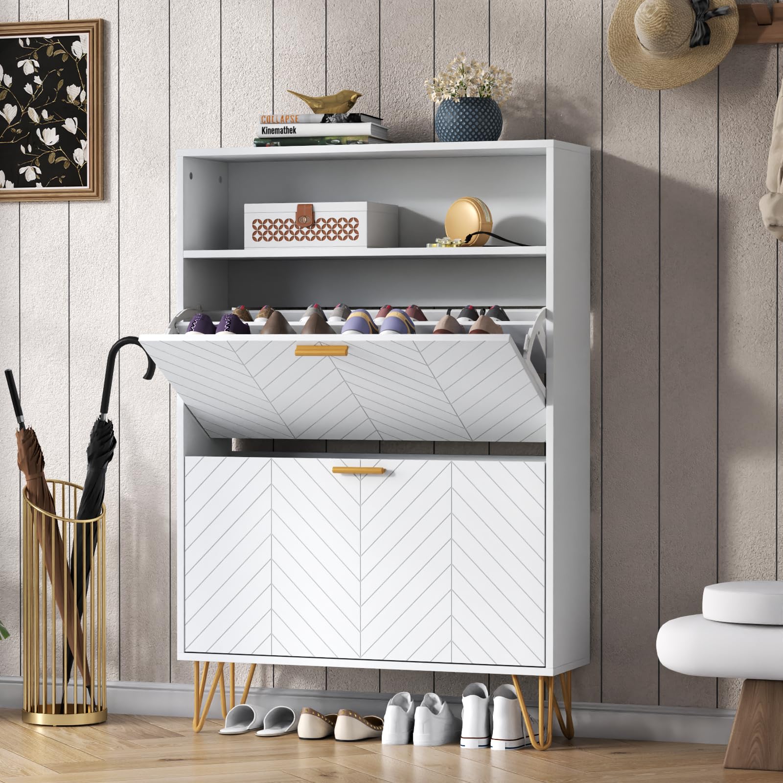 Photo 1 of [FOR PARTS ONLY] Gyfimoie Shoe Storage Cabinet with 2 Flip Drawers, Freestanding Modern Shoe Cabinets with Metal Legs, Entryway Shoe Rack with Top Storage Cubby, Narrow Hidden Shoe Organizer with Doors (White)