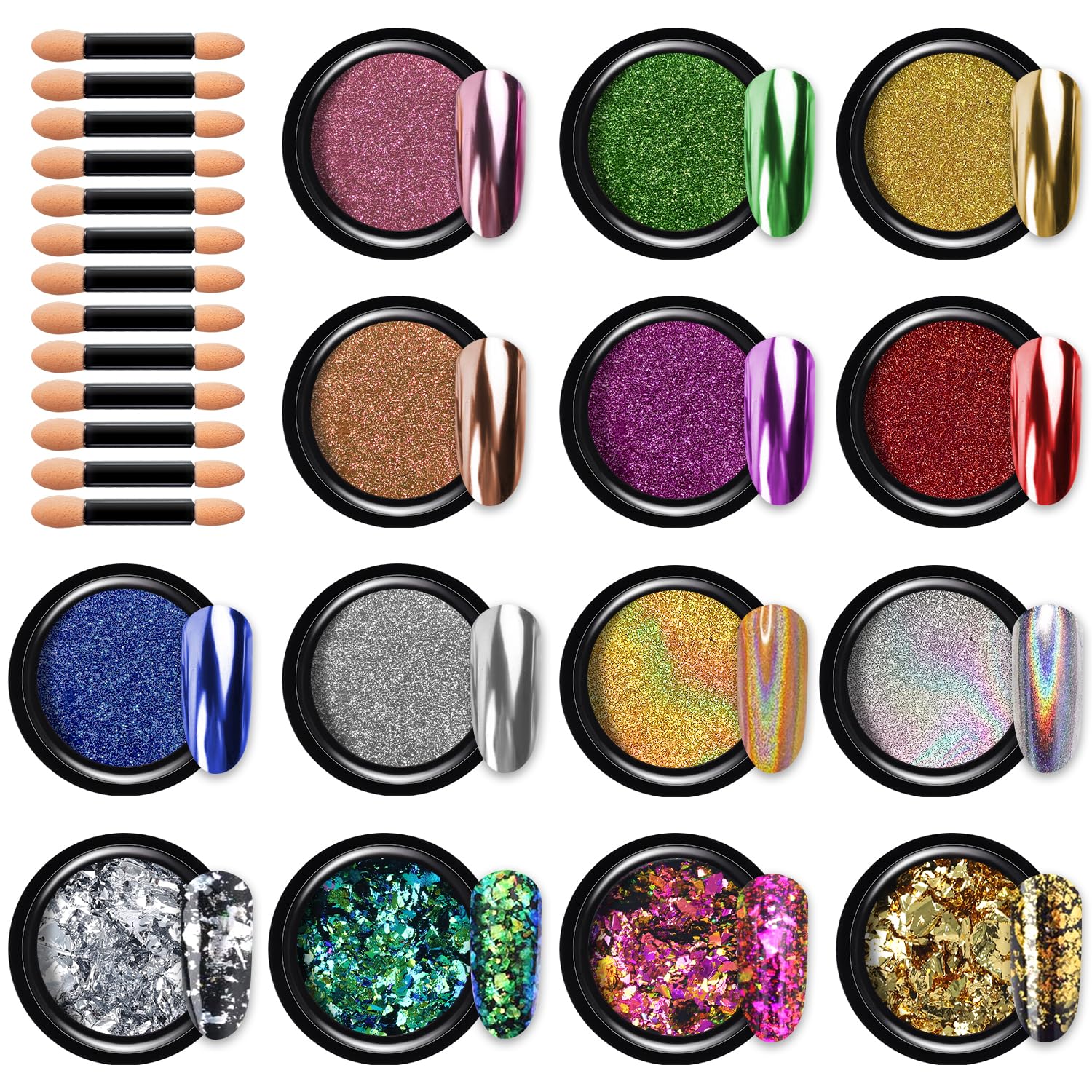 BISHENGYF Gold & Silver Holo Chrome Nail Powder, Shiny Nail Glitter, Pink Chameleon Flakes for Nail Art & Salon DIY - 14PCs