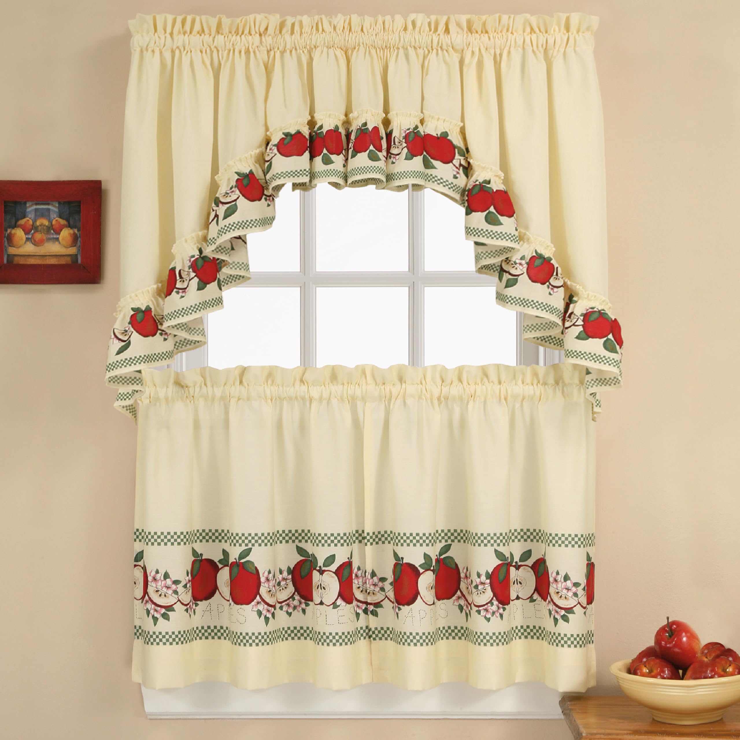 CHF & You Red Delicious Country Apples 3-Piece Window Curtain Tier Set, Ivory, 56-Inch X 24-Inch