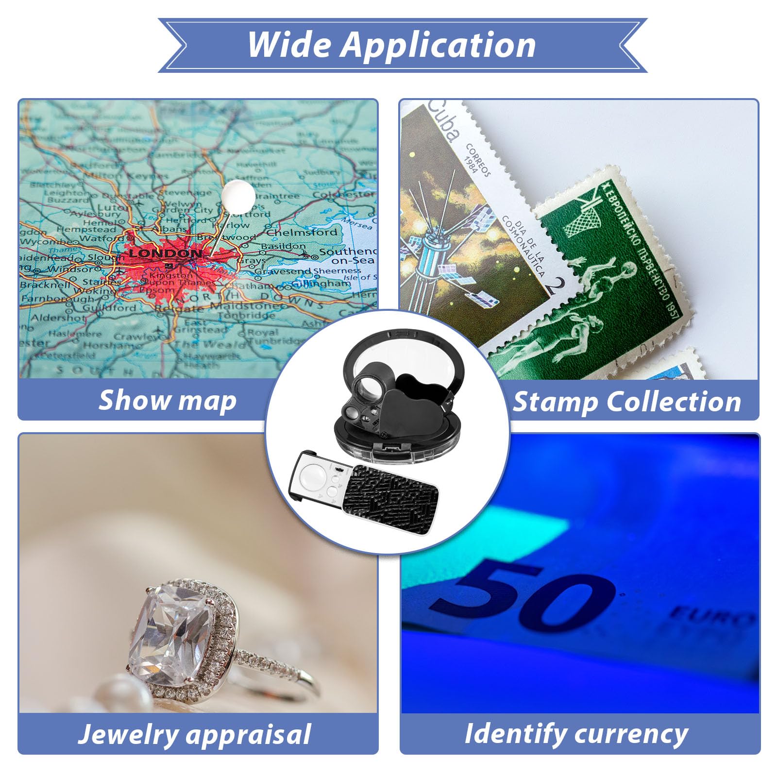 2 Pieces Jewelers Loupe 30X 60X 90X Illuminated Eye Loupe Magnifier Jewelry Magnifying Glass Loop with UV Black Light and Bright LED Light for Diamond Gem Coin Stamp Rock(Black)