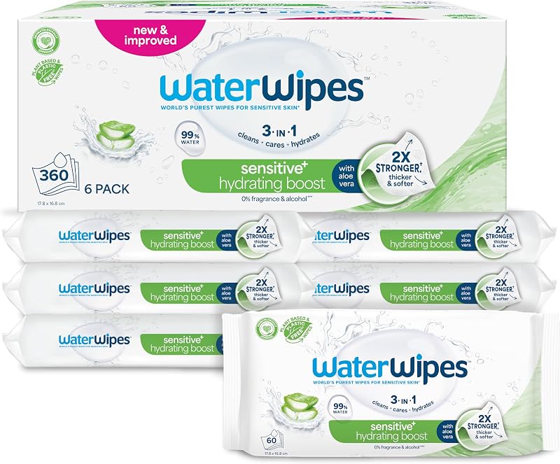 Toalhetes de Água Limpeza Hidratante Toalhetes para Bebé, 360 Toalhetes (6 Packs), com 99% de Água e Extrato de Aloé Vera, Toalhetes Húmidos para o Rosto e Corpo