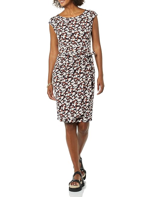 Amazon Essentials Women's Cap Sleeve Boat-Neck Faux Wrap Dress, Multicolor Floral, Small