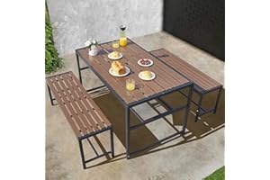 SUNNIBETY 55'' Outdoor Picnic Table and Bench Set with 2" Umbrella Hole and Storage Shelf, Patio Dining Set for 6 People, Outdoor Dining Table and Chair for Garden Yard Porch- Brown