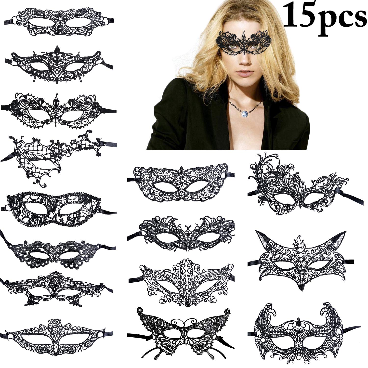 Coxeer 15 PCS Black Lace Mask Masquerade Mask Party Ball Dress Masks Costume Halloween Mask