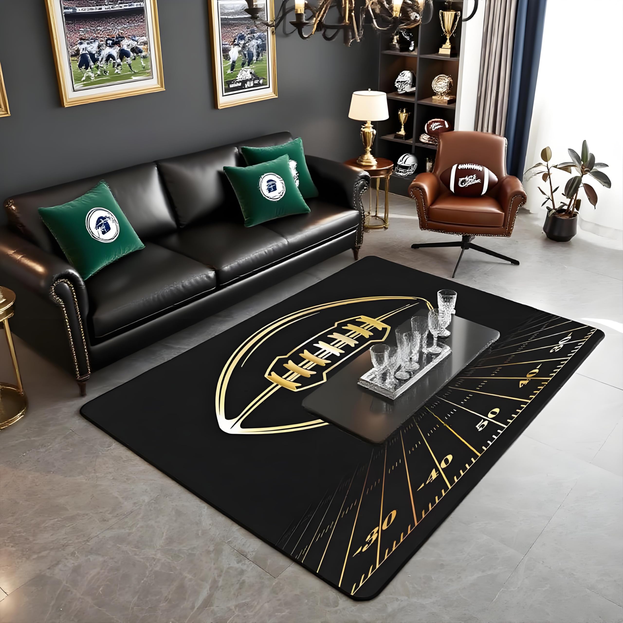 Loussiesd Football Area Rug Black Gold Rugby Ball Game Rug for Living Room Bedroom Soft Sports Theme Carpet Rug Indoor Floor Mat Accent Rug for Playing Room Kitchen Home 100 * 150cm — image 1