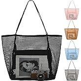 Fammart Mesh Beach Bag, Large Beach Tote with Zipper Pocket, Toys Pool Bag for Family Travel Vacation Cruise Essentials