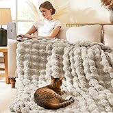 L'AGRATY Faux Rabbit Fur Blanket: 90" x 90" Queen Luxury Soft Fluffy Thick Fur Throw Blanket for Couch Bed Sofa - Cozy Plush Bubble Blankets for Winter: Flannel Fleece Decorative Blanket(Castle Grey)