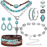 Zhamate Western Jewelry Set - Boho Turquoise Dangle Earrings Necklace Faux Leather Bracelet Ring with Concho Belt for Women