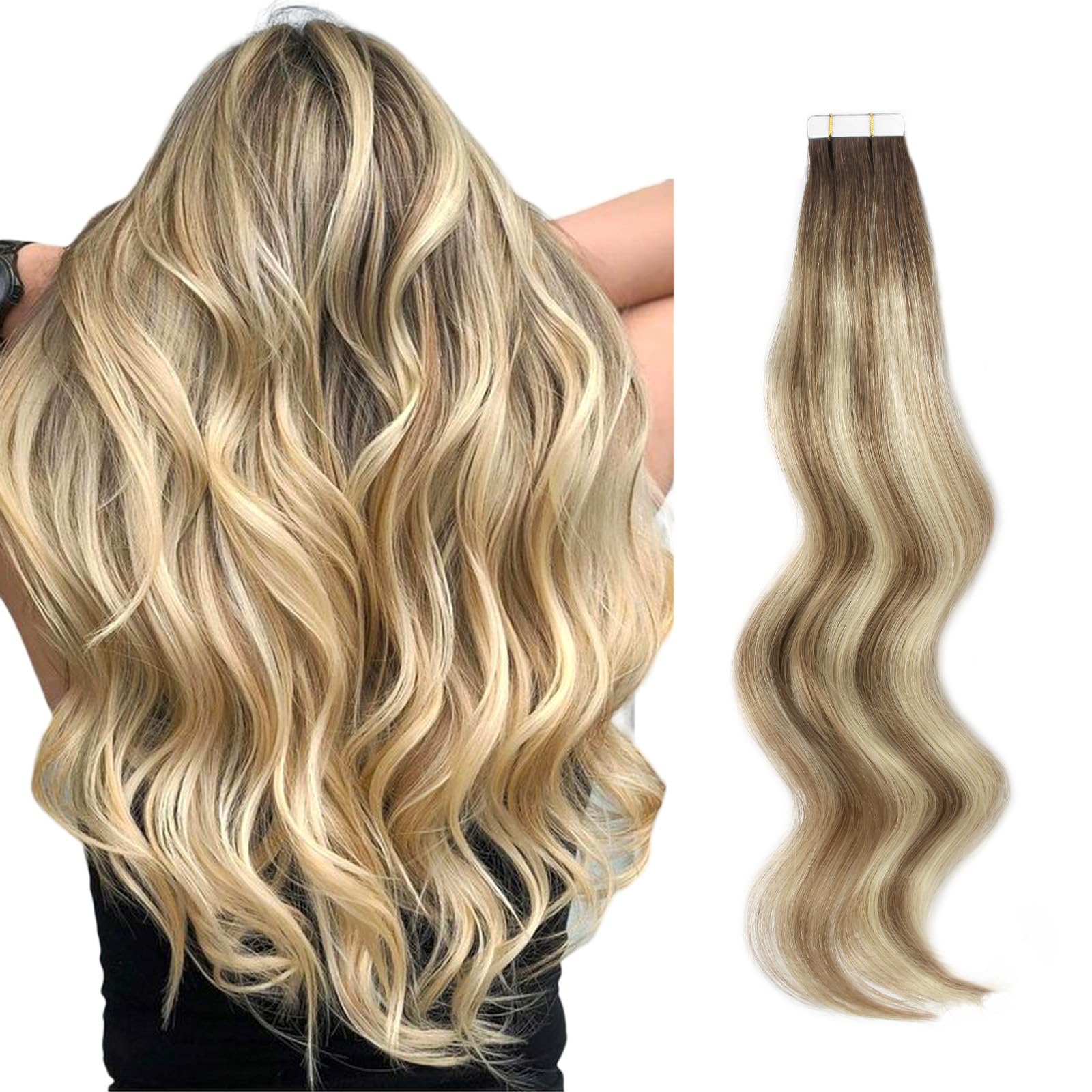 ABH AmazingBeauty Hair Remy Tape in Hair Extensions Ash Brown-Beach Blonde with Dark Brown Root R3-8-613 Semi-permanent Pre-taped Double Sided Rooted Highlight Tape ins 14 Inch — image 1