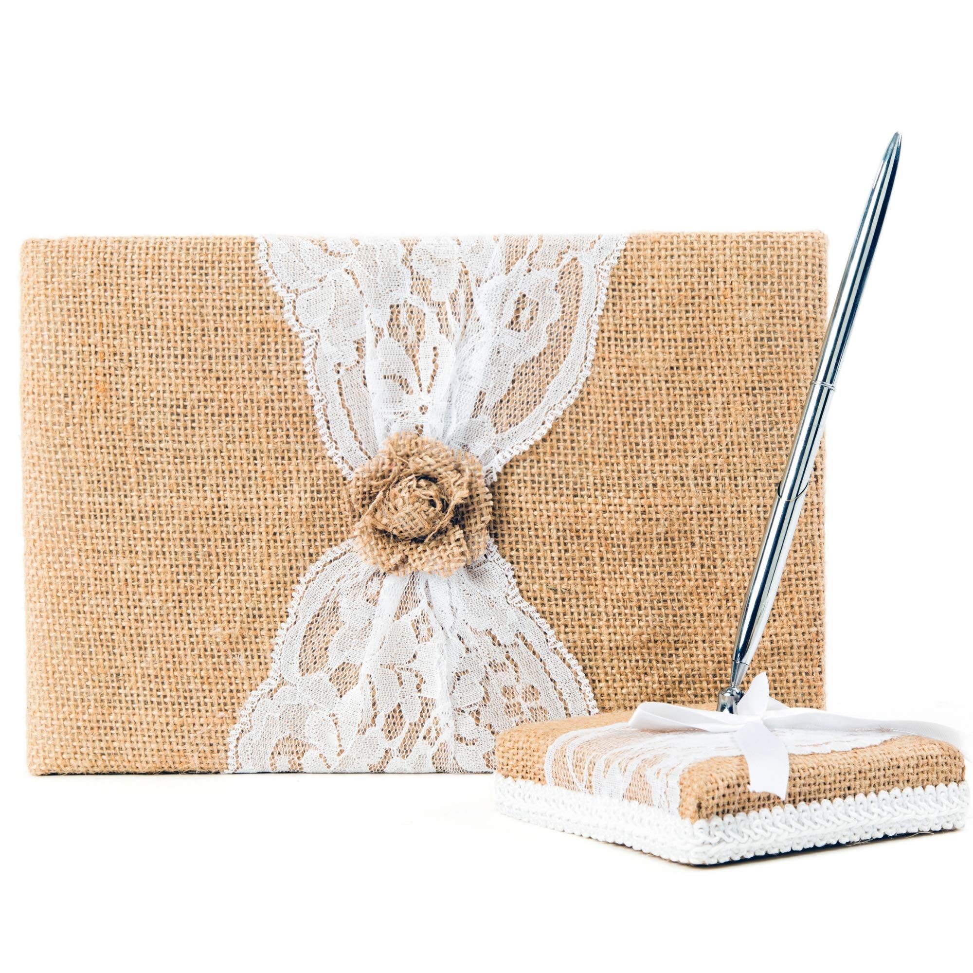 BETTERLINE Rustic Wedding Guest Book Made of Burlap and Lace - Includes Matching Pen Holder and Silver Pen - 120 Lined Pages for Guest Thoughts - Comes in Gift Box (Burlap Flower)
