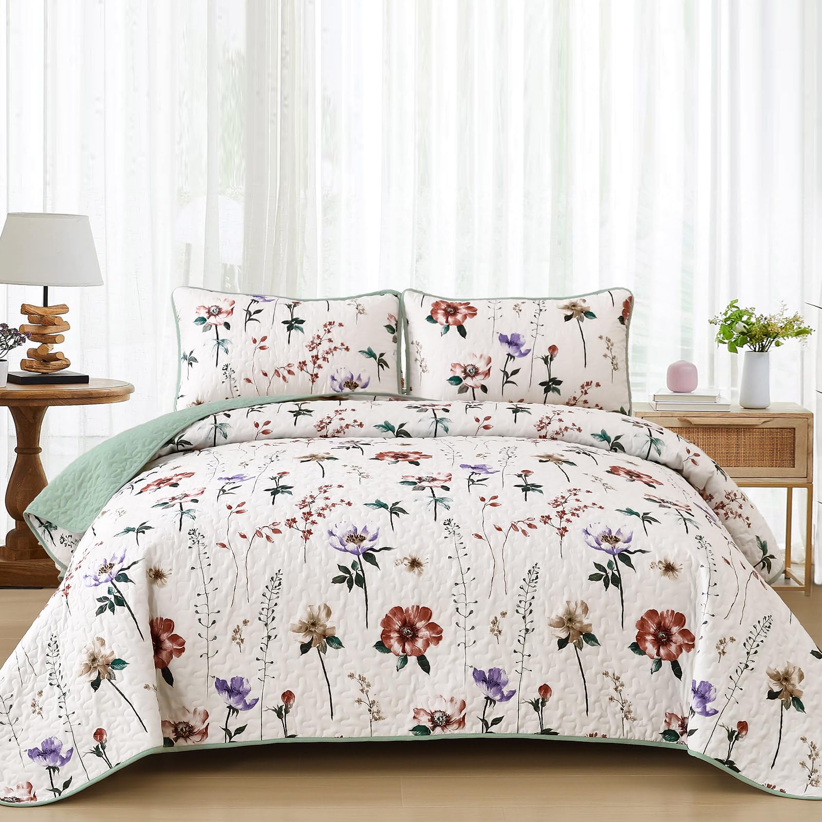 Anibedding Floral Quilt Set Queen,3 Pieces Red & Purple Flower Pattern Bedspread with 2 Pillowcases, Reversible Lightweight Bedding Sets(96"x90") Image