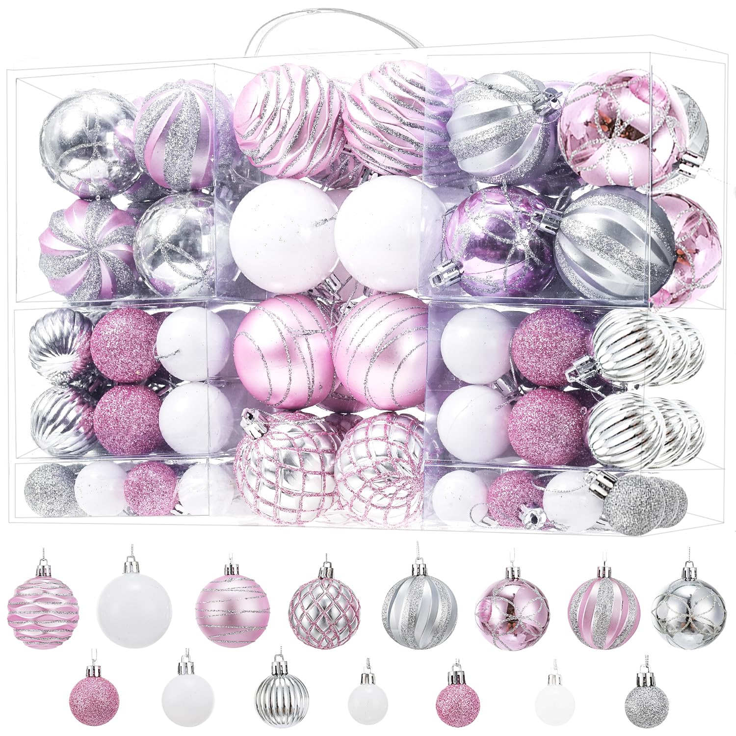 Photo 1 of ***READ CLERK NOTES*** 100PCS Shatterproof Christmas Ball Ornaments Set, Premium Xmas Tree Decorations for Family with Kids & Pets, Multi-Size Mix for Large Tree, Wreath, Garland & Home Decor, Pink White