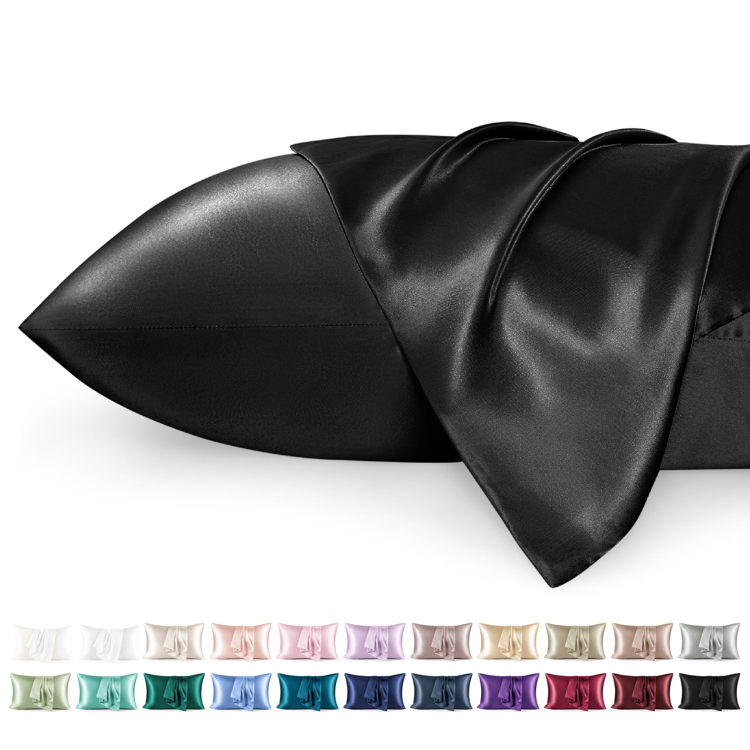 Bedsure Satin Pillowcase for Hair - Similar to Silk Pillowcase, Cooling Pillow Cases 2 Pack with Envelope Closure, Gifts for Women, Queen & Standard Size 50x75 cm, Black