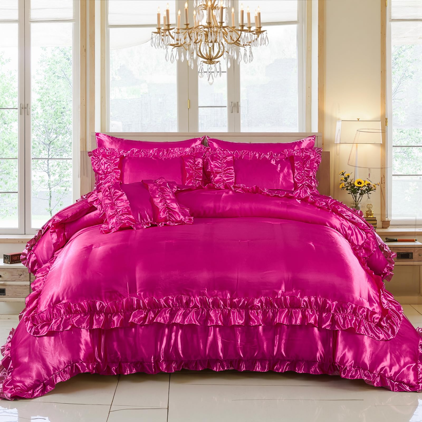 Photo 1 of MOVE OVER Hot Pink Satin Comforter Set Queen Size 8 Pieces Bed in a Bag Farmhosue Shabby Chic Ruffle Comforter Set Luxury Silk Like Satin Bedding Set Boho Chic Satin Ruffled Comforter Sets