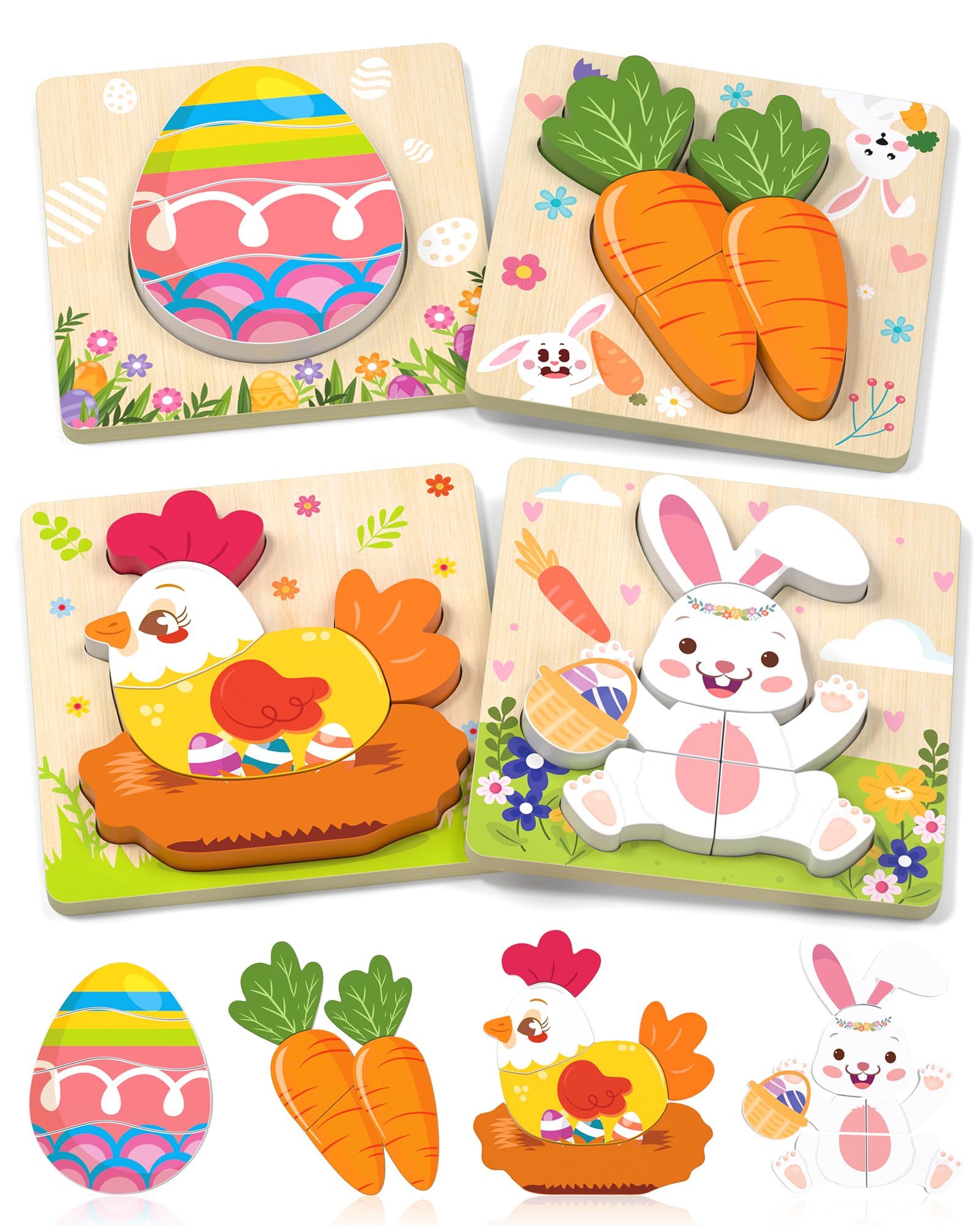 Kidific Easter Wooden Puzzles Toys for Toddler, 4 Pack Easter Basket Stuffers Party Favors Birthday Gifts Essentials Montessori Toys Puzzles for Kids Girls Boys