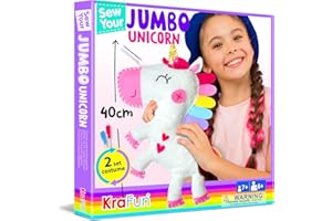 KRAFUN Big Jumbo Unicorn Animal Sewing Kit for Age 7-12 Kids Beginner My First Art & Craft, Includes 1 Stuffed Doll with Accessories, Instructions & Plush Felt Materials for Embroidery
