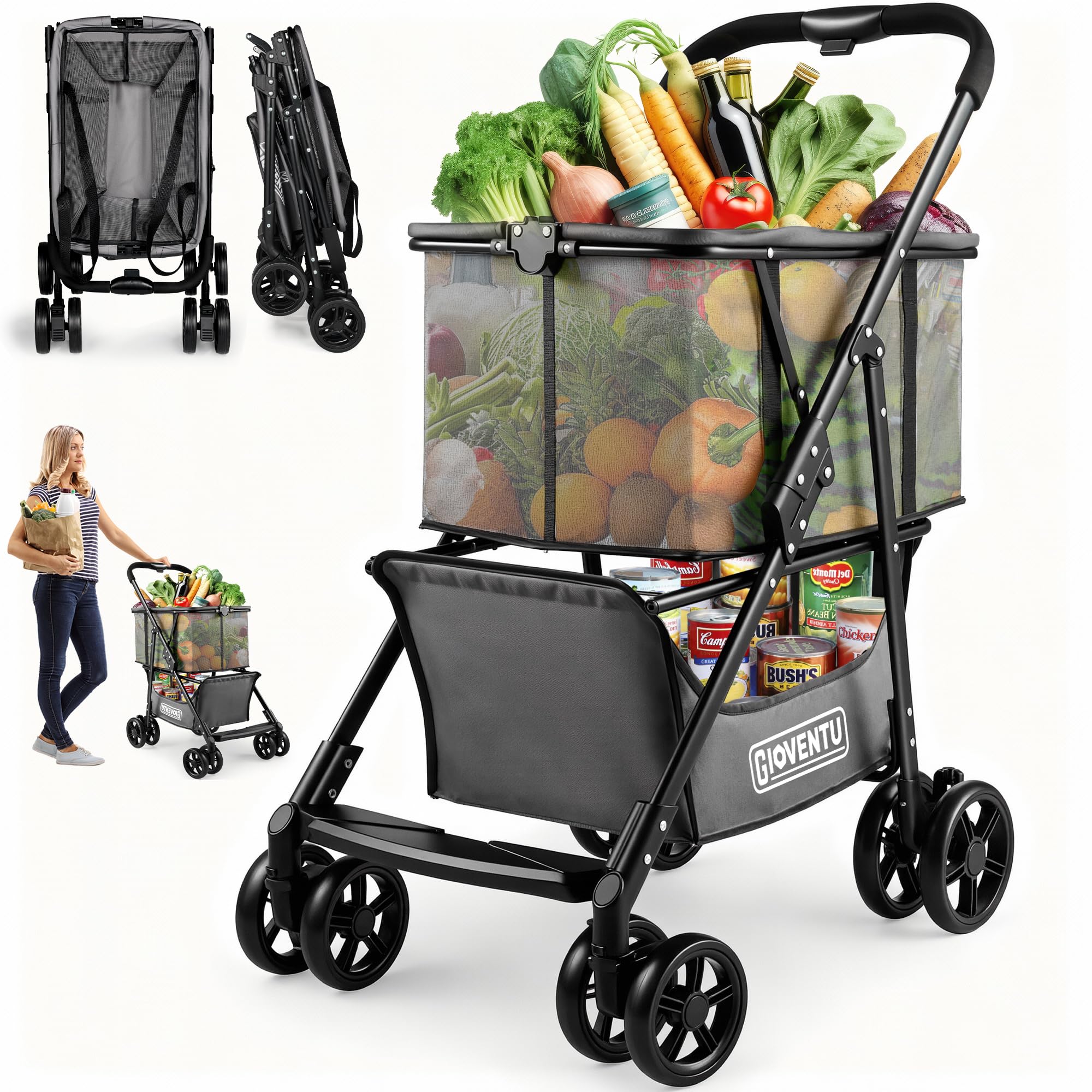 Photo 1 of ???? ???????? Folding Shopping Cart with Wheels, 80lbs Multi Use Grocery Carts with 360° Wheels & Removable Tote Bag, Multifunctional Portable Personal Shopping Carts for Groceries, Black