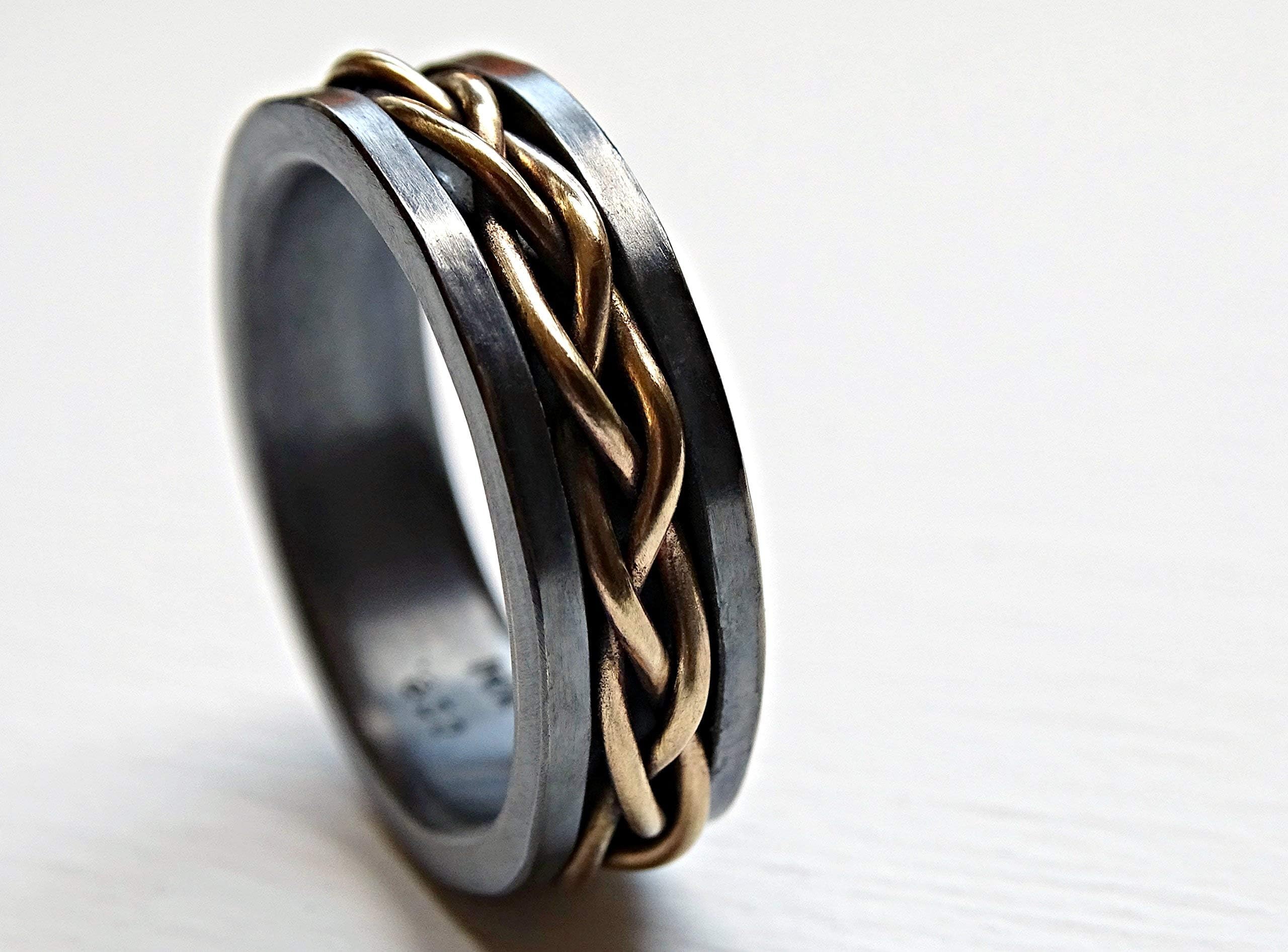 mens wedding band viking, celtic wedding ring gold braided ring black silver, gold promise ring mens, gold mens band braided gold woven ring