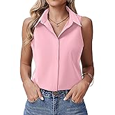 HOTOUCH Women's Sleeveless Button Down Shirts Hidden-Button Front Collared Dressy Casual Blouses Loose Office Tank Tops
