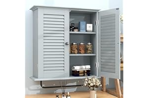 TaoHFE Bathroom Cabinet Wall Mounted Grey Designer Bathroom Wall Cabinet Medicine Cabinet with Double Shutter Doors 3 Tier Adjustable Shelf with Towel Rack Over The Toilet Storage Cabinet Laundry